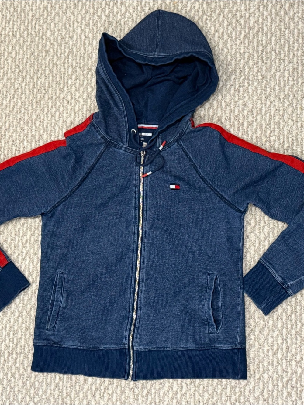 Tommy Hilfiger Navy Zip Hoodie with Red Shoulder Stripes